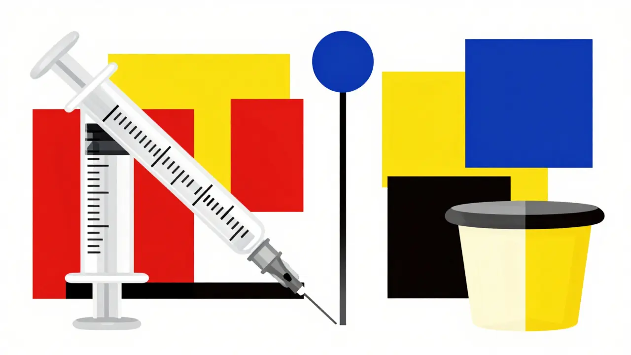 Geometric De Stijl arrangement of an oral syringe, medicine dropper, and dosing cup in primary colors.