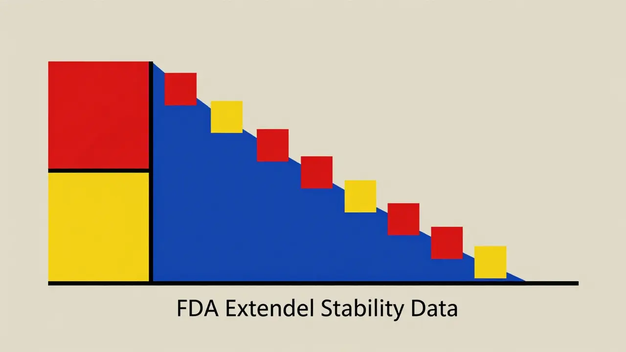 Geometric De Stijl composition representing chemical stability data and time progression.