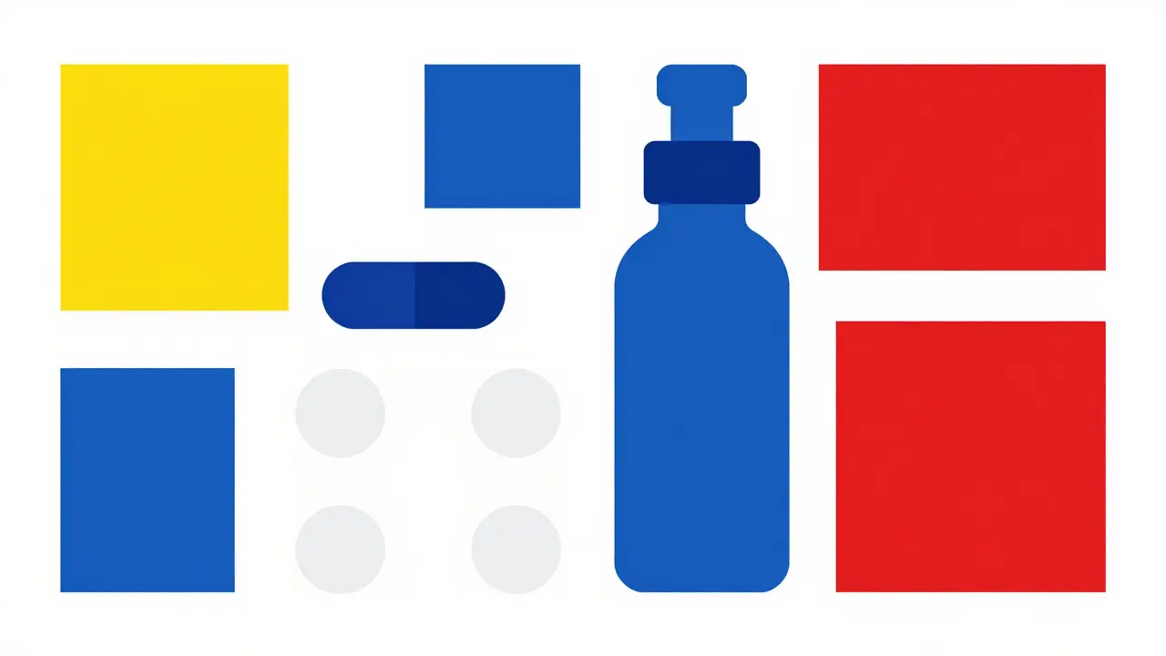 Geometric De Stijl illustration representing different types of medication formulations.