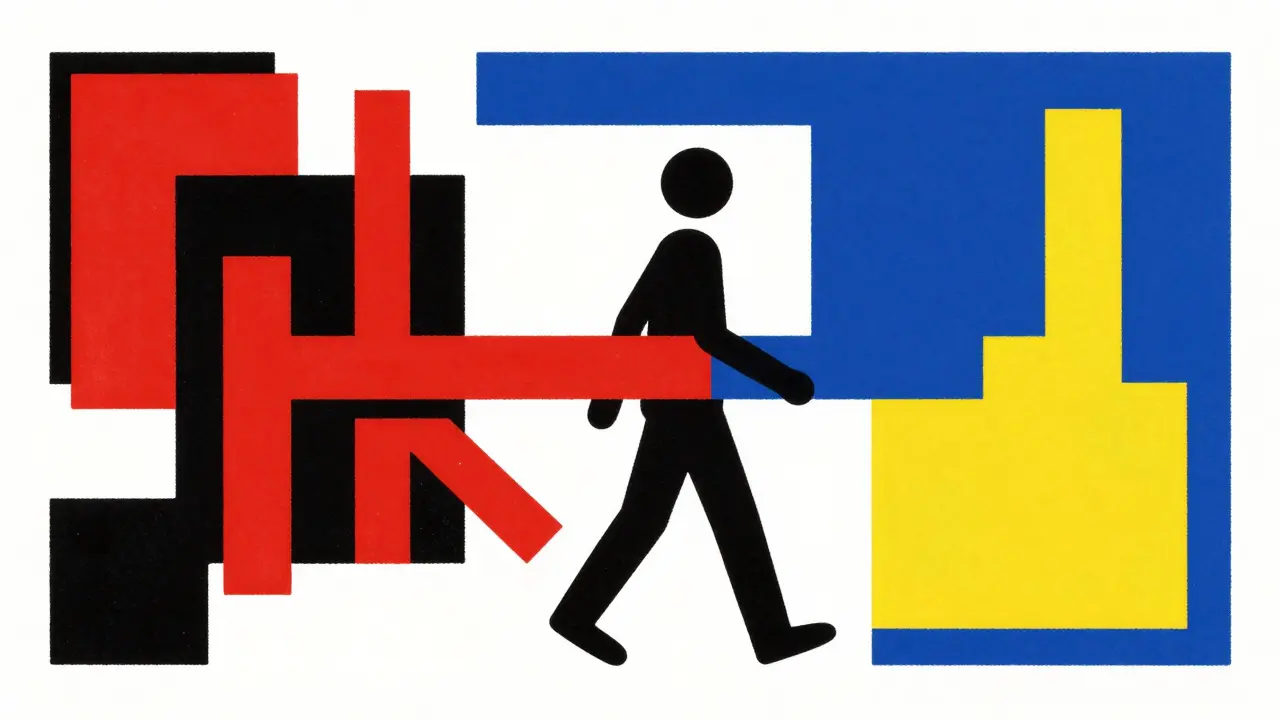 Stylized geometric figure walking amidst primary colored planes symbolizing a healthy lifestyle shift.