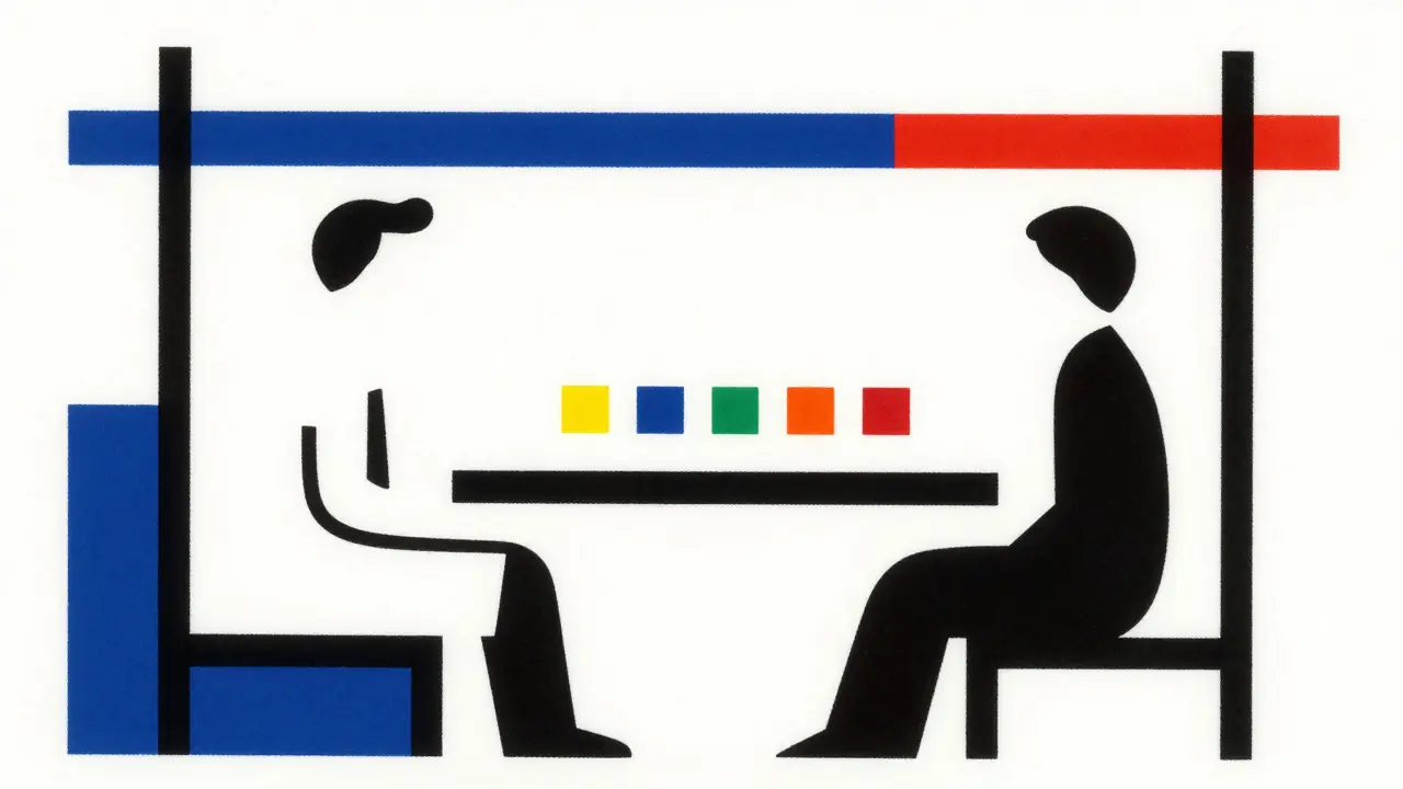 Stylized illustration of a doctor and patient planning medication using geometric blocks.