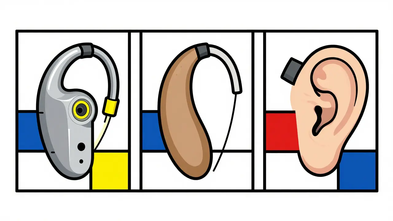 Three hearing aid styles shown in geometric cross-section panels